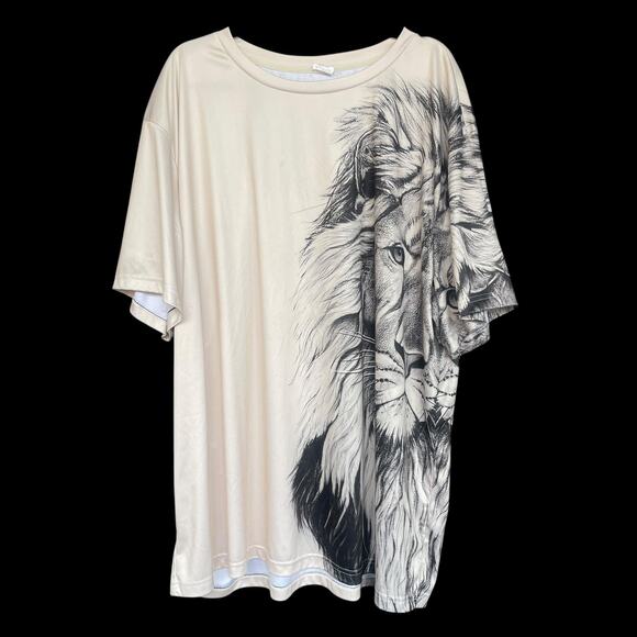 Lion Graphic Shirt Mens 5XL Beige All Over Print Big Face Animal Tee Crewneck - Picture 1 of 7